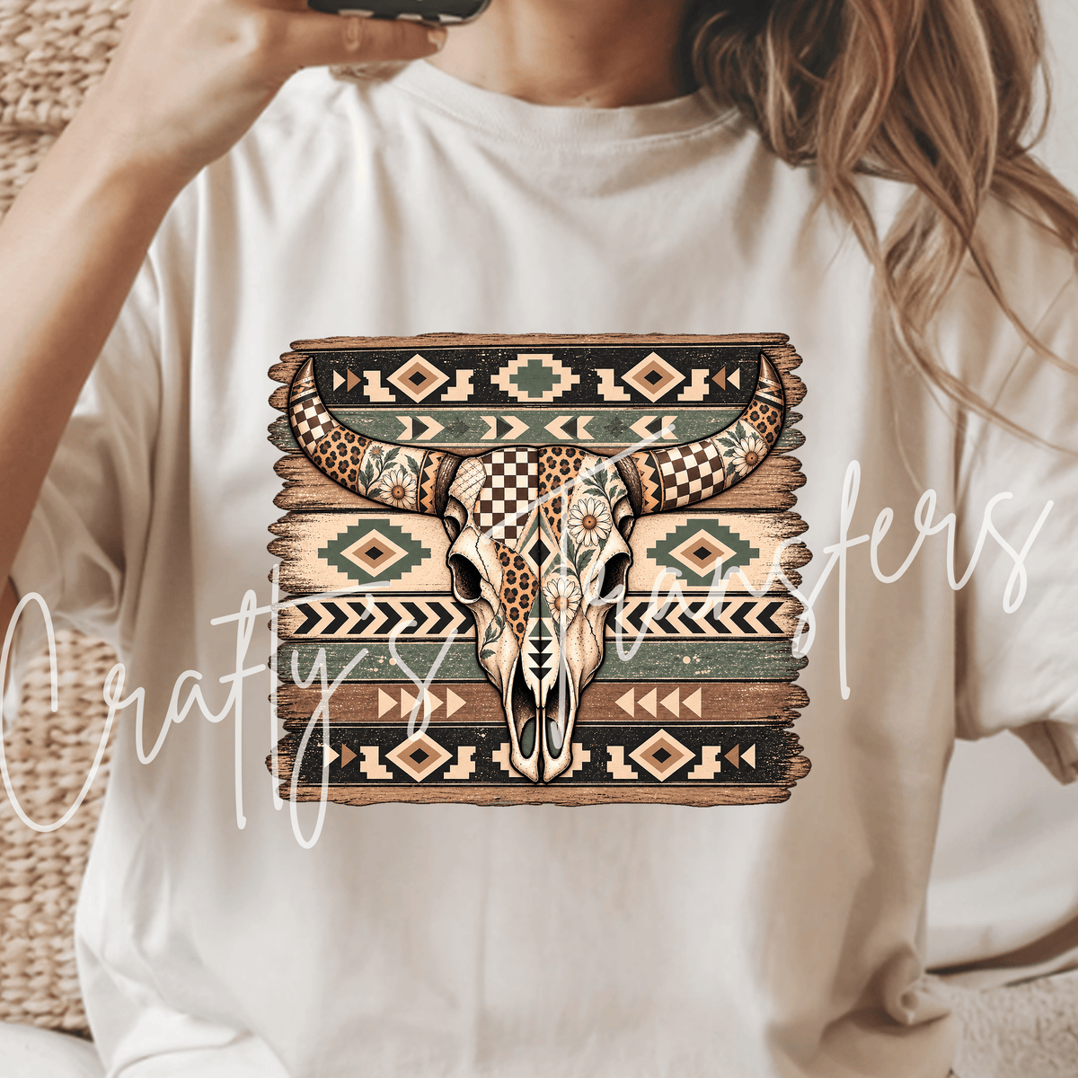 Western Longhorn Skull DTF Transfer – Southwestern Geometric Cow Skull Graphic – Ready to Press DTF