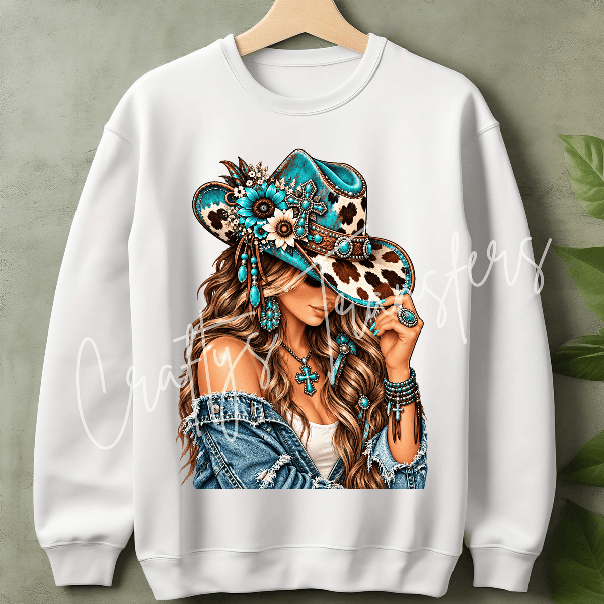Turquoise Cowgirl DTF Transfer Set – Western Cowhide Glam Girl Front & Back Design – Ready to Press DTF