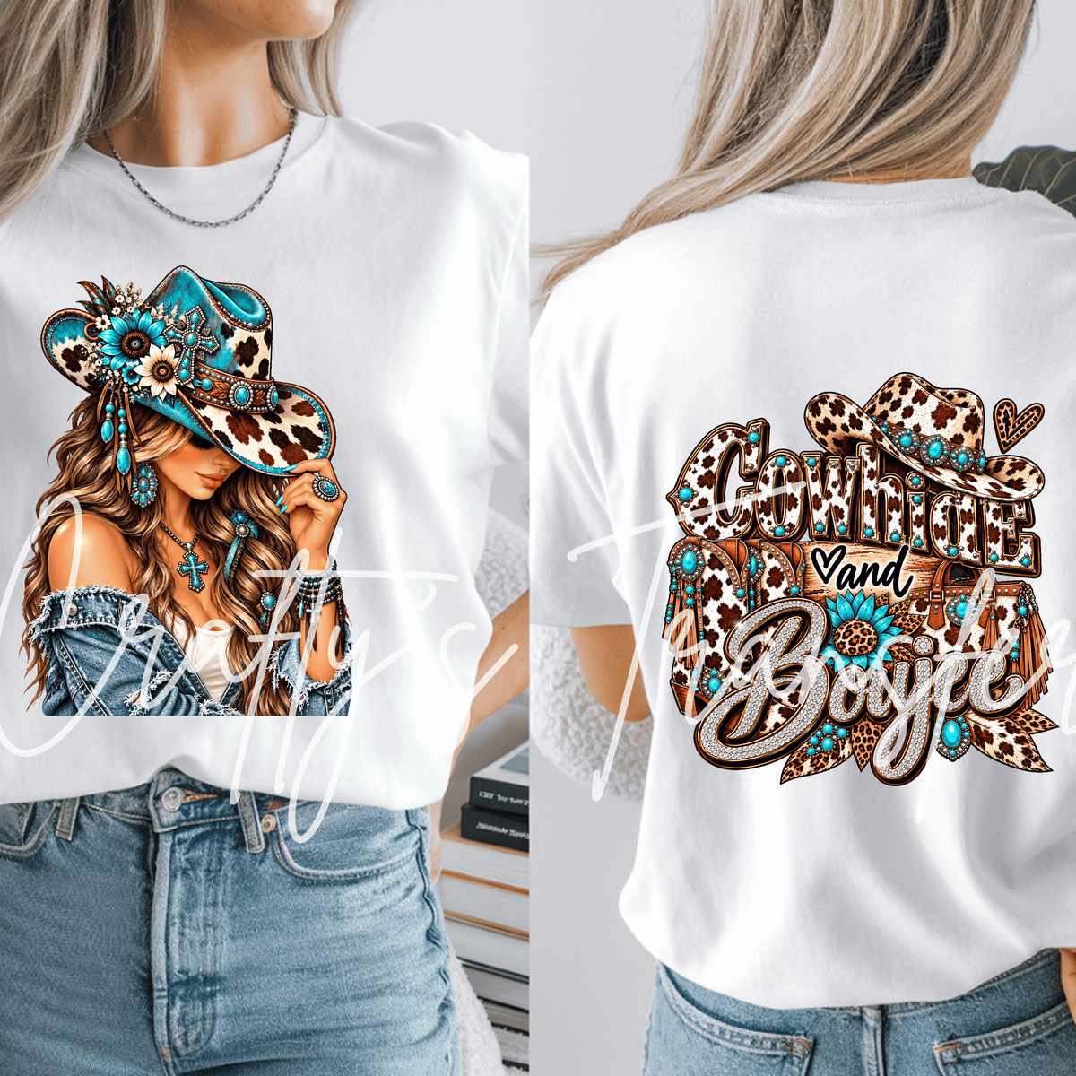 Turquoise Cowgirl DTF Transfer Set – Western Cowhide Glam Girl Front & Back Design – Ready to Press DTF