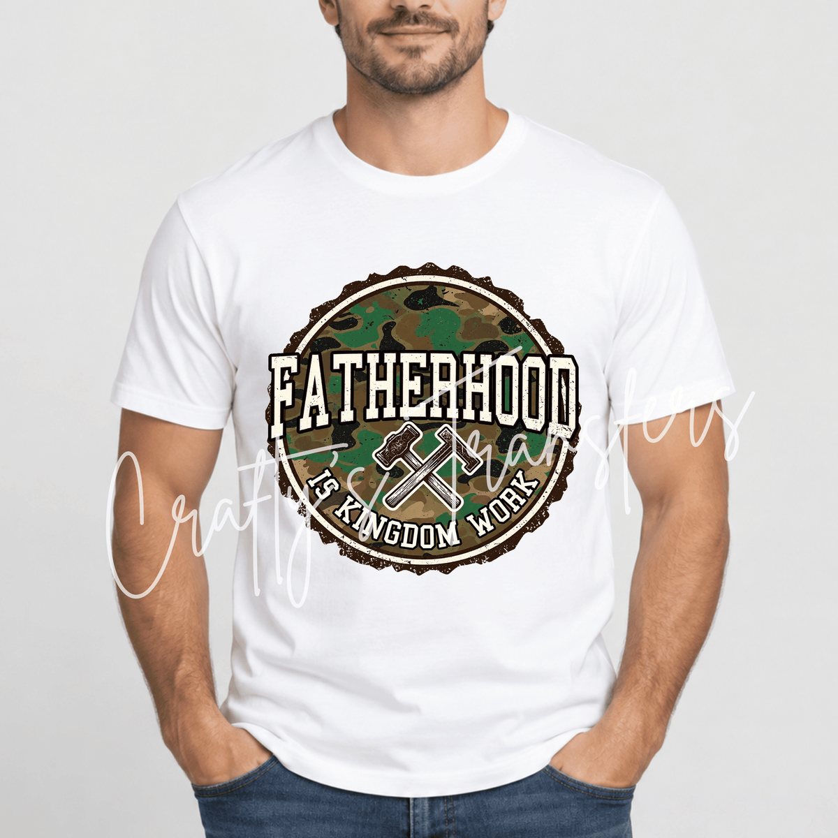Christian Dad DTF Transfer – Camo Fatherhood Graphic – Faith Based Dad Shirt Transfer – Ready to Press DTF