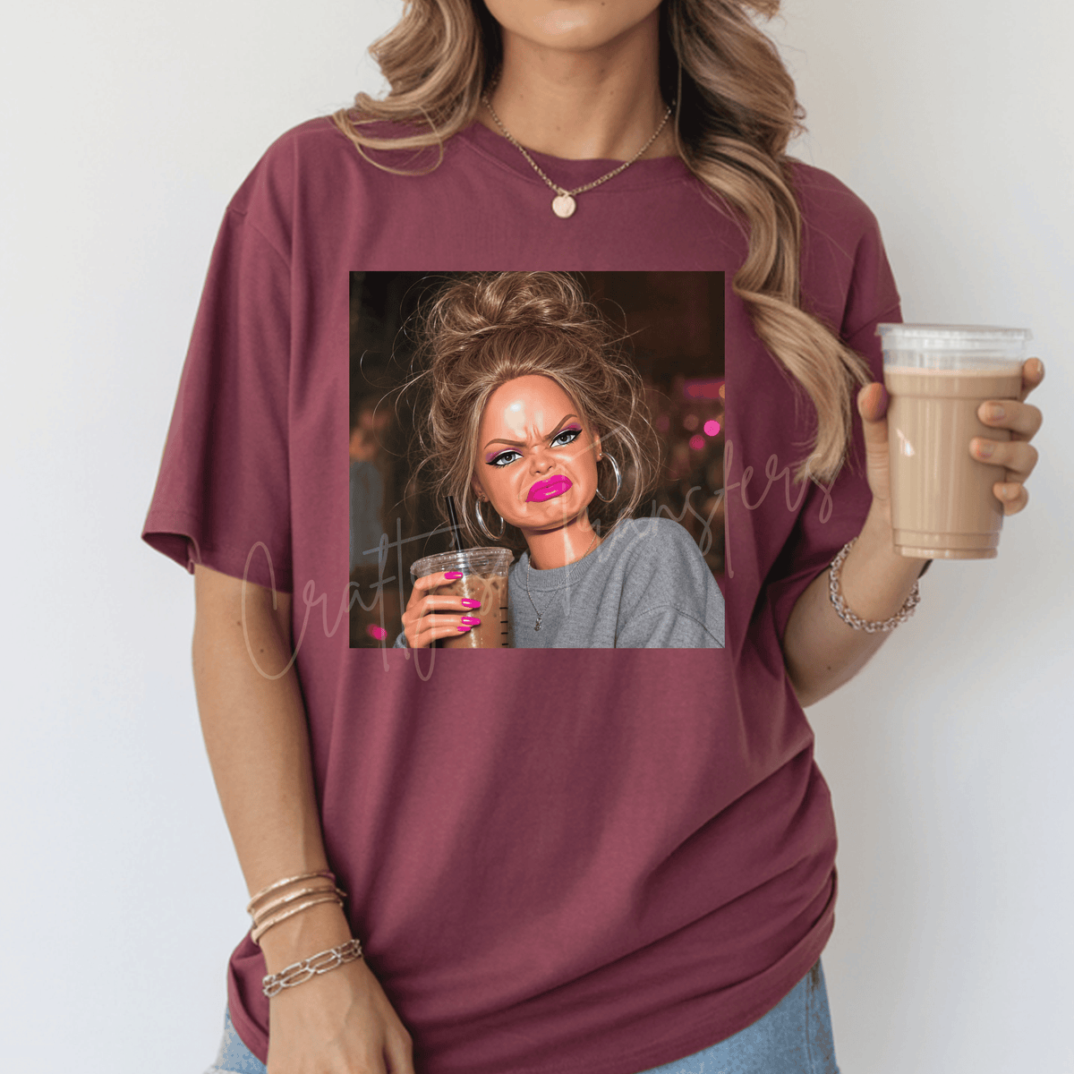 Messy Bun Glam Girl DTF Transfer – Iced Coffee Attitude Girl Graphic – Blonde or Brunette Ready to Press DTF