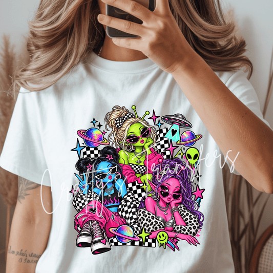 Neon Alien Girls DTF Transfer – Retro Space Glam Graphic – Checkerboard Cosmic Ready to Press DTF