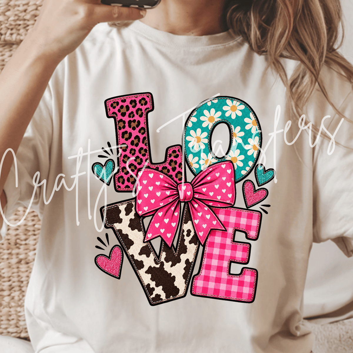 Patchwork Love DTF Transfer – Leopard Cow Print Daisy Bow Graphic – Girly Ready to Press DTF