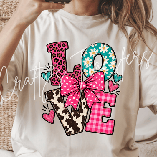 Patchwork Love DTF Transfer – Leopard Cow Print Daisy Bow Graphic – Girly Ready to Press DTF