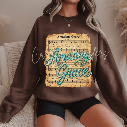 Amazing Grace Hymn DTF Transfer – Vintage Sheet Music Turquoise Christian Faith Graphic