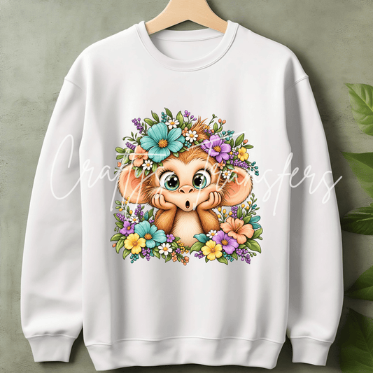 Cute Floral Baby Monkey DTF Transfer – Big Eyed Monkey with Colorful Spring Flowers Graphic