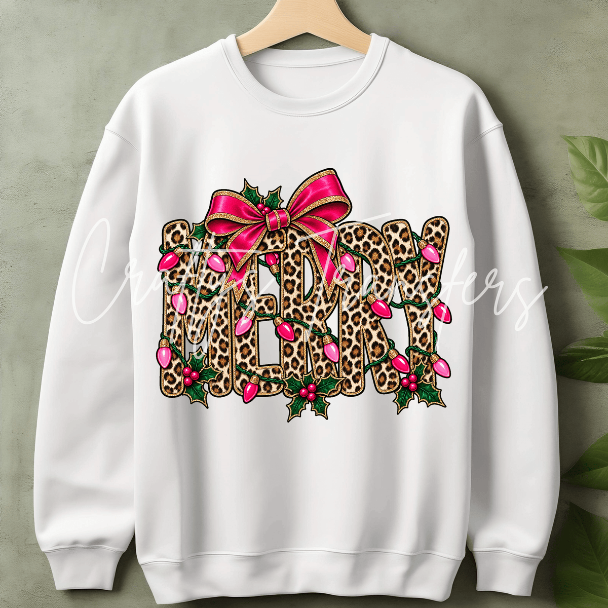 Leopard Print Merry Christmas DTF Transfer – Hot Pink Bow & Holiday Lights Graphic