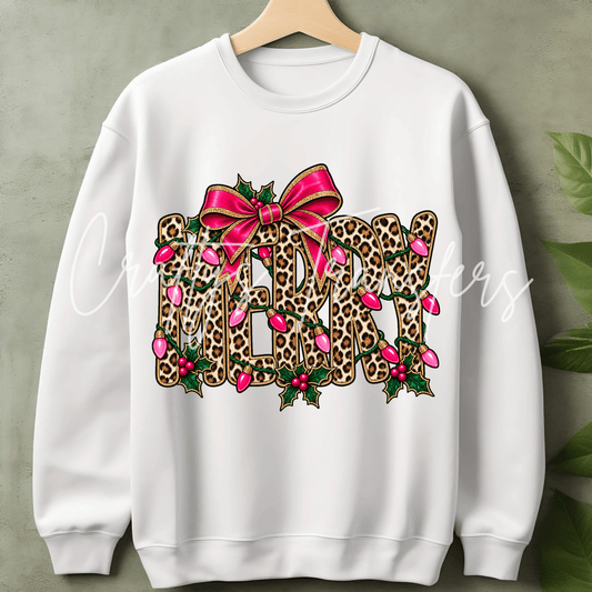 Leopard Print Merry Christmas DTF Transfer – Hot Pink Bow & Holiday Lights Graphic