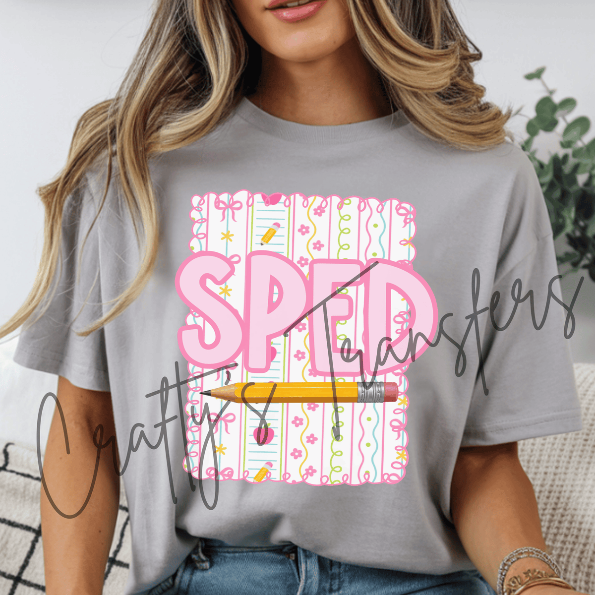 SPED Special Education DTF Transfer – Pink Teacher Appreciation Graphic with Pencil, Bows & School Supplies