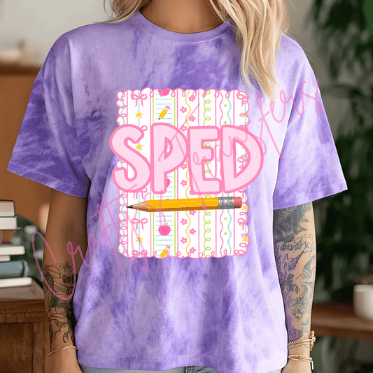 SPED Special Education DTF Transfer – Pink Teacher Appreciation Graphic with Pencil, Bows & School Supplies