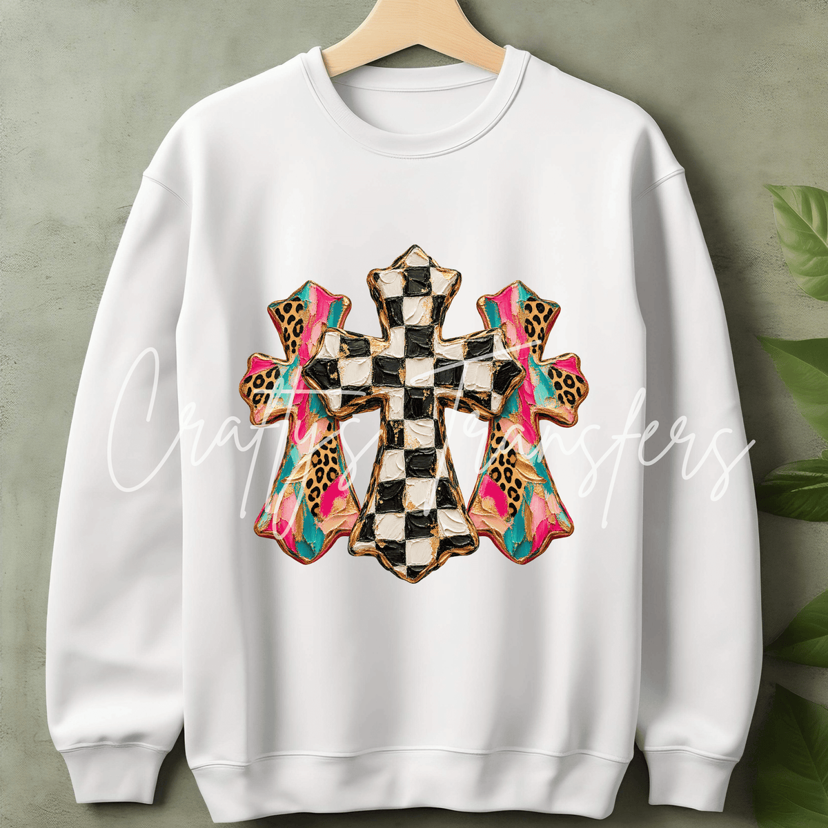 Triple Cross DTF Transfer – Black & White Checkered Leopard Print Pink Turquoise Christian Graphic