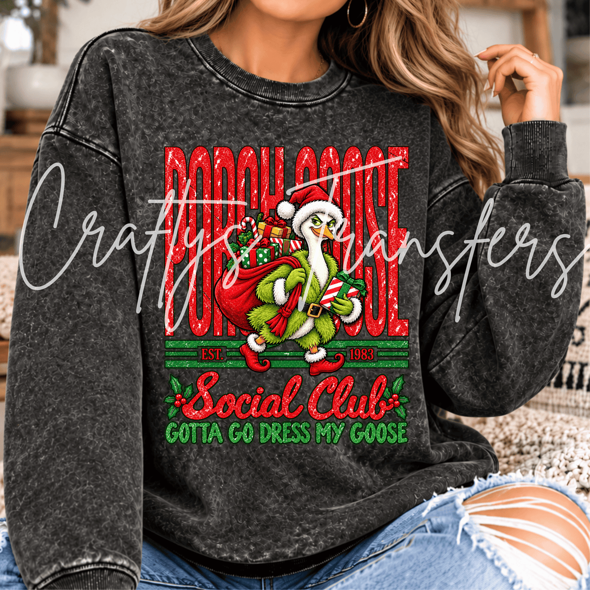 Green Christmas Goose DTF Transfer – Mischievous Holiday Goose with Gifts – Ready to Press DTF