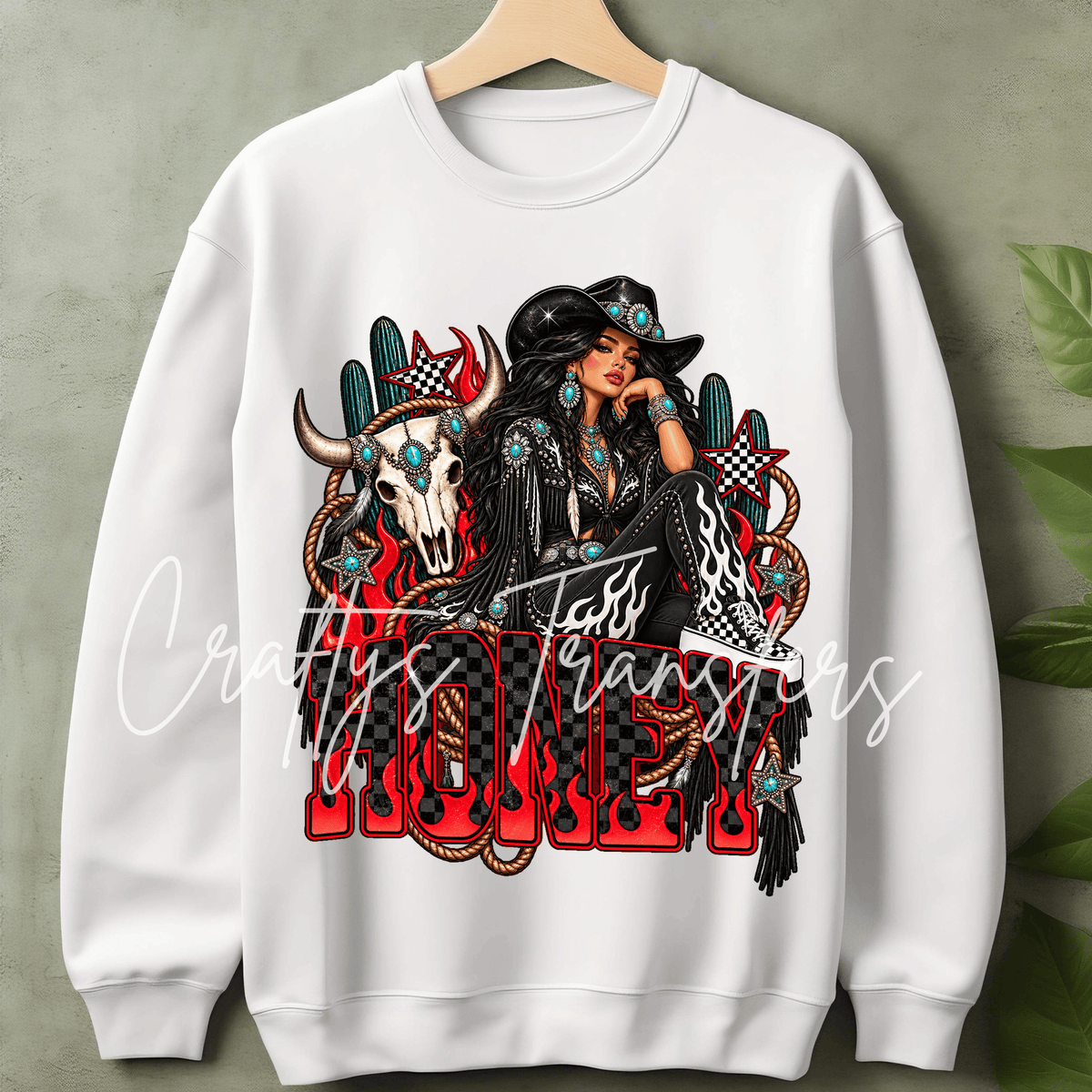Honey Cowgirl DTF Transfer – Western Glam Girl Cow Skull Graphic – Turquoise & Checkerboard Ready to Press DTF