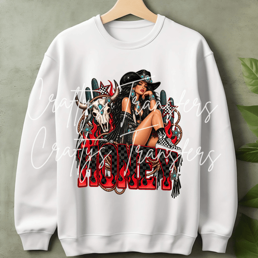 Honey Cowgirl DTF Transfer – Western Glam Girl Cow Skull Graphic – Checkerboard & Turquoise Ready to Press DTF