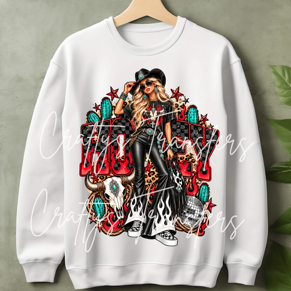 Honey Cowgirl DTF Transfer – Western Glam Girl Flame Graphic – Turquoise Red Ready to Press DTF