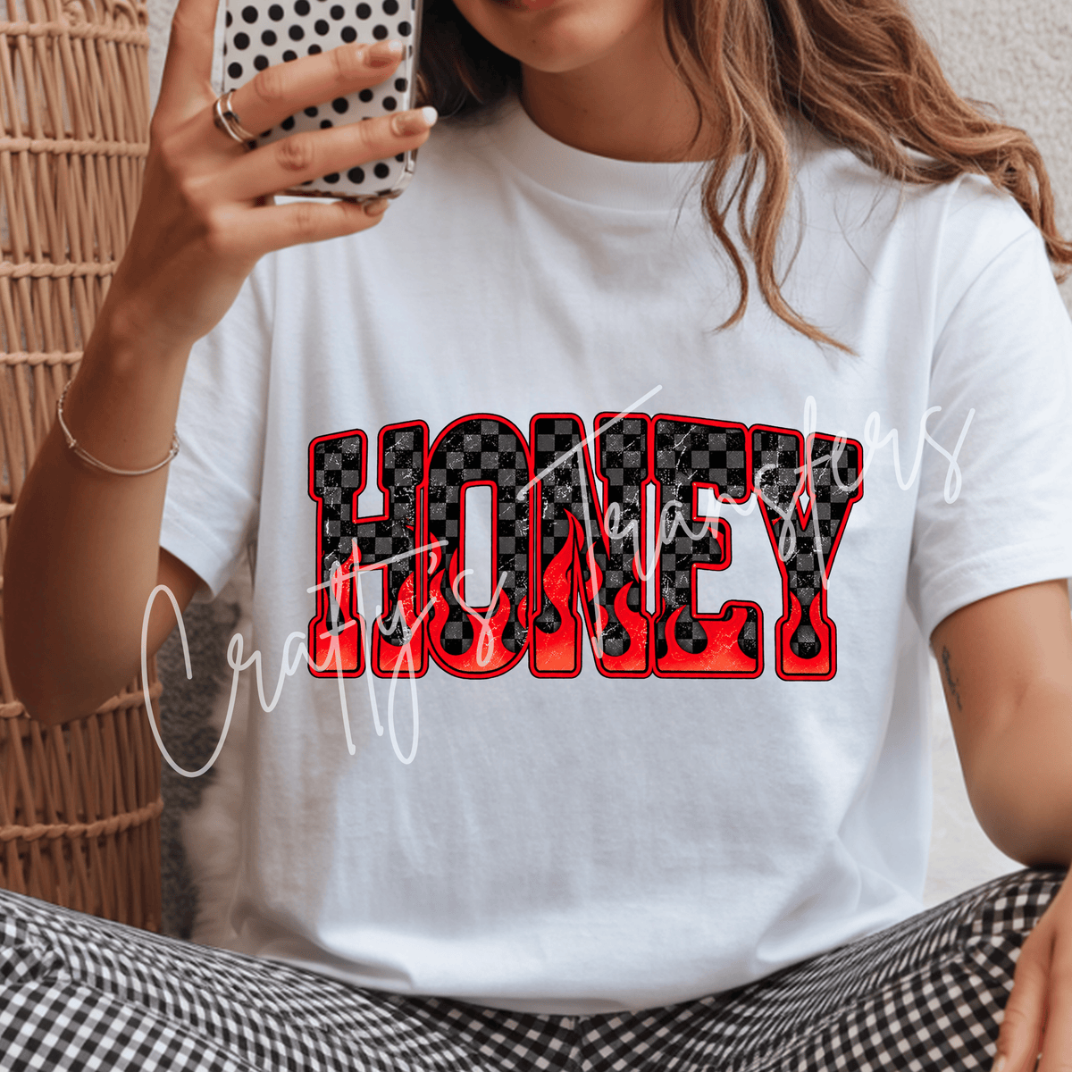 Honey DTF Transfer – Red Flame Checker Graphic – Ready To Press