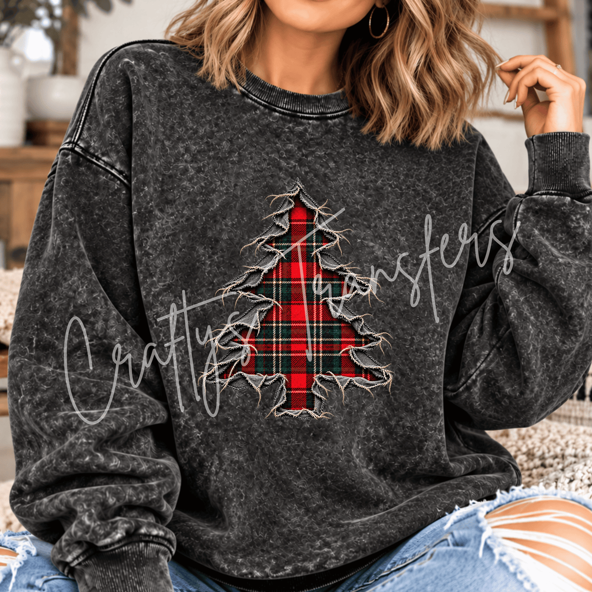 Plaid Christmas Tree DTF Transfer – Red Tartan Torn Fabric Holiday Graphic – Ready to Press DTF