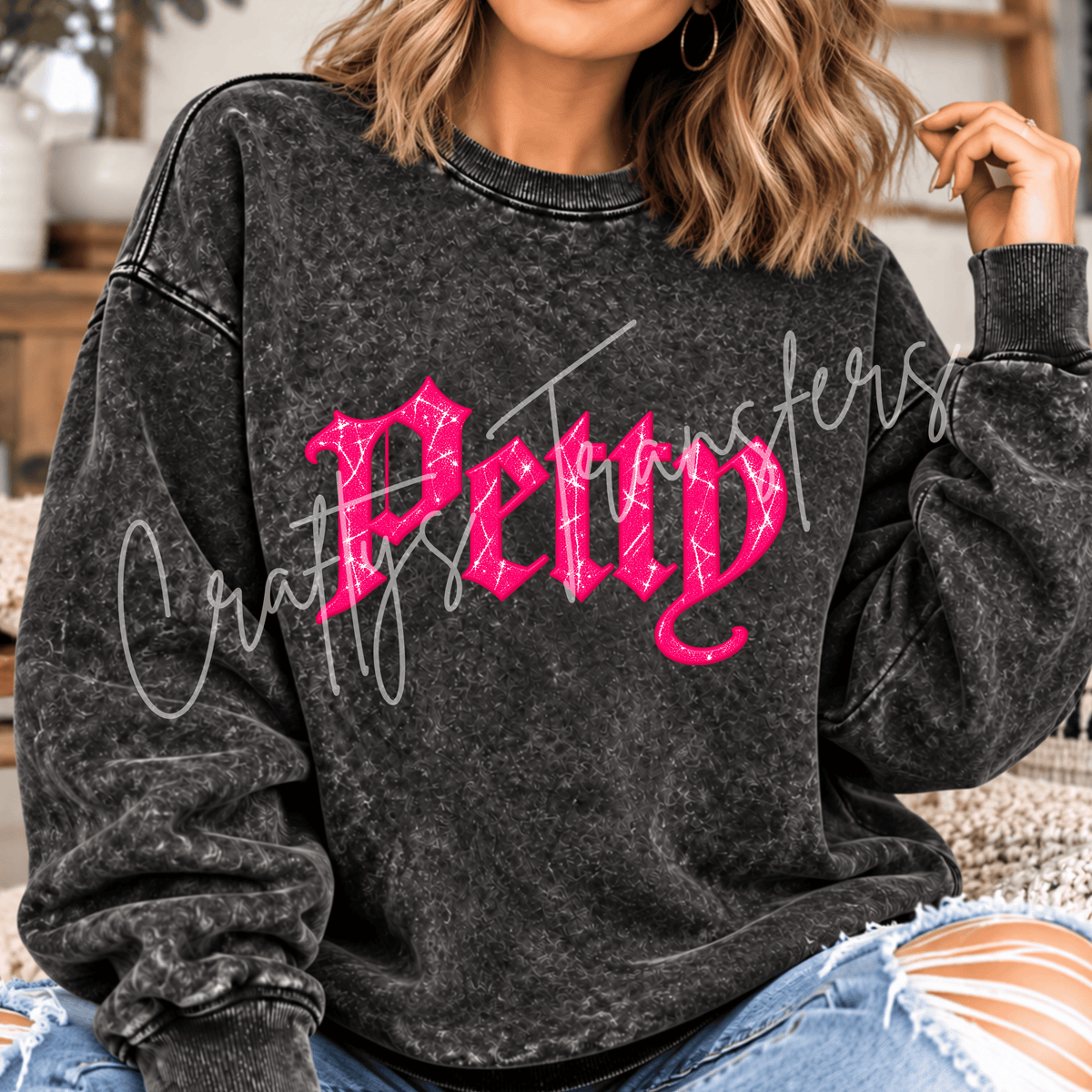 Petty DTF Transfer – Hot Pink Sparkle Gothic Word Graphic – Sassy Ready to Press DTF