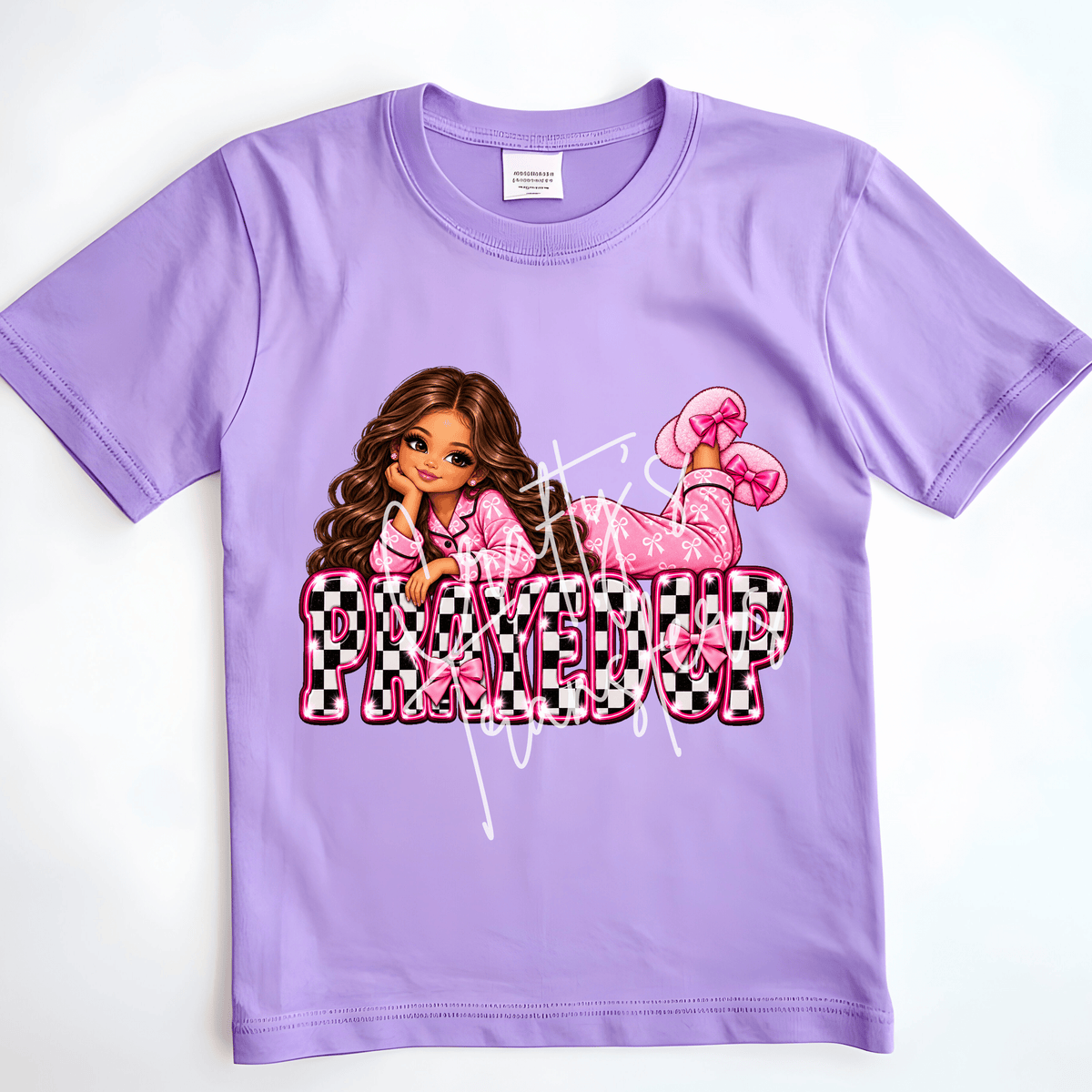 Faith Girl DTF Transfer – Pink Checkerboard Prayer Graphic – Blonde or Brunette Ready to Press DTF
