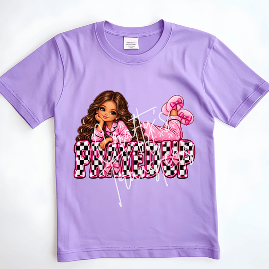 Faith Girl DTF Transfer – Pink Checkerboard Prayer Graphic – Blonde or Brunette Ready to Press DTF