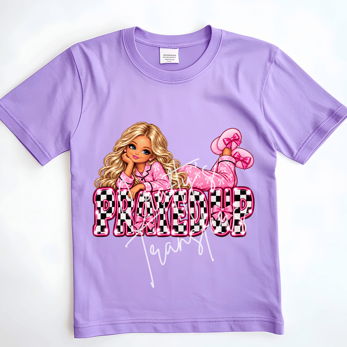 Faith Girl DTF Transfer – Pink Checkerboard Prayer Graphic – Blonde or Brunette Ready to Press DTF
