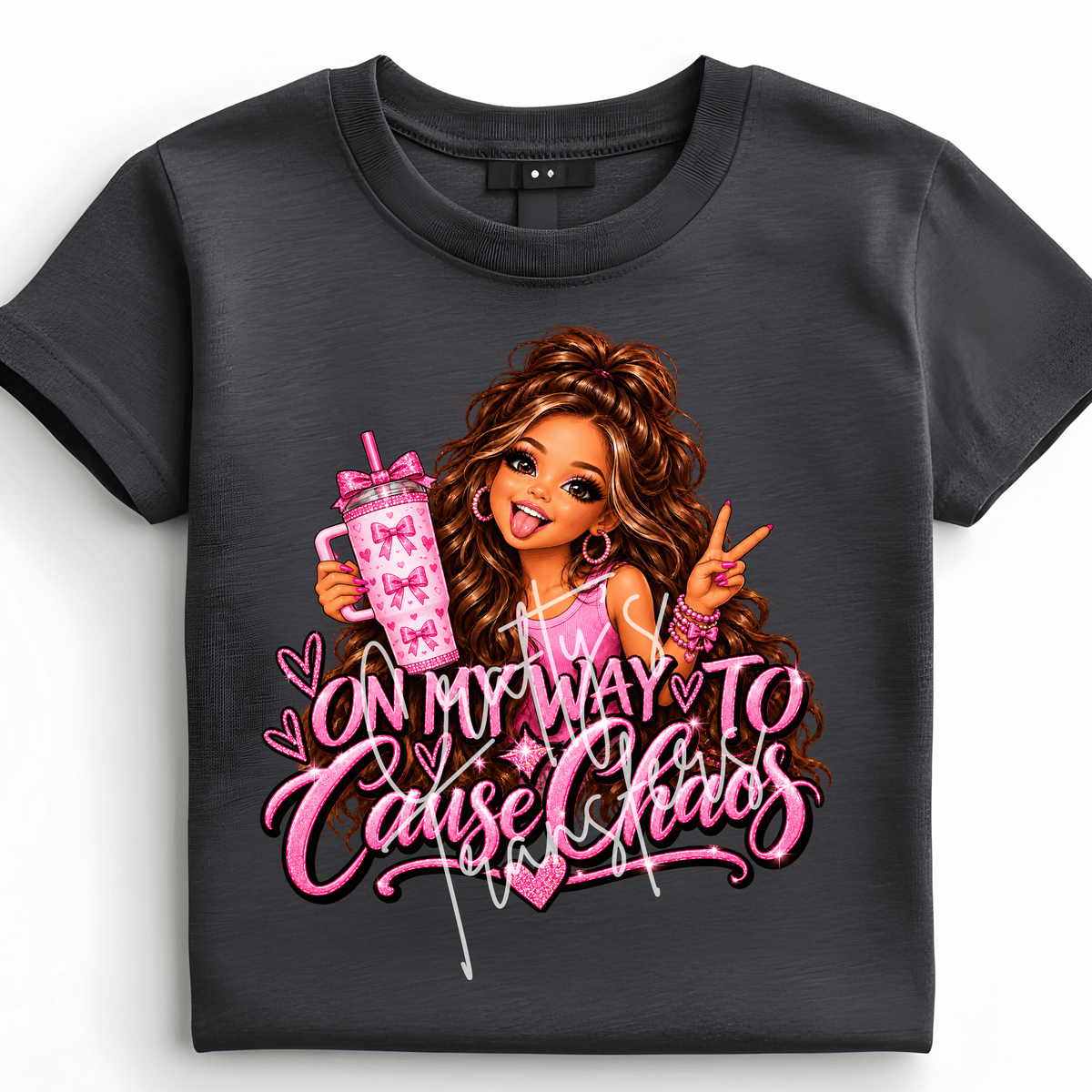 Pink Chaos Glam Girl DTF Transfer – Bow Cup Girly Graphic – Blonde or Brunette Ready to Press DTF