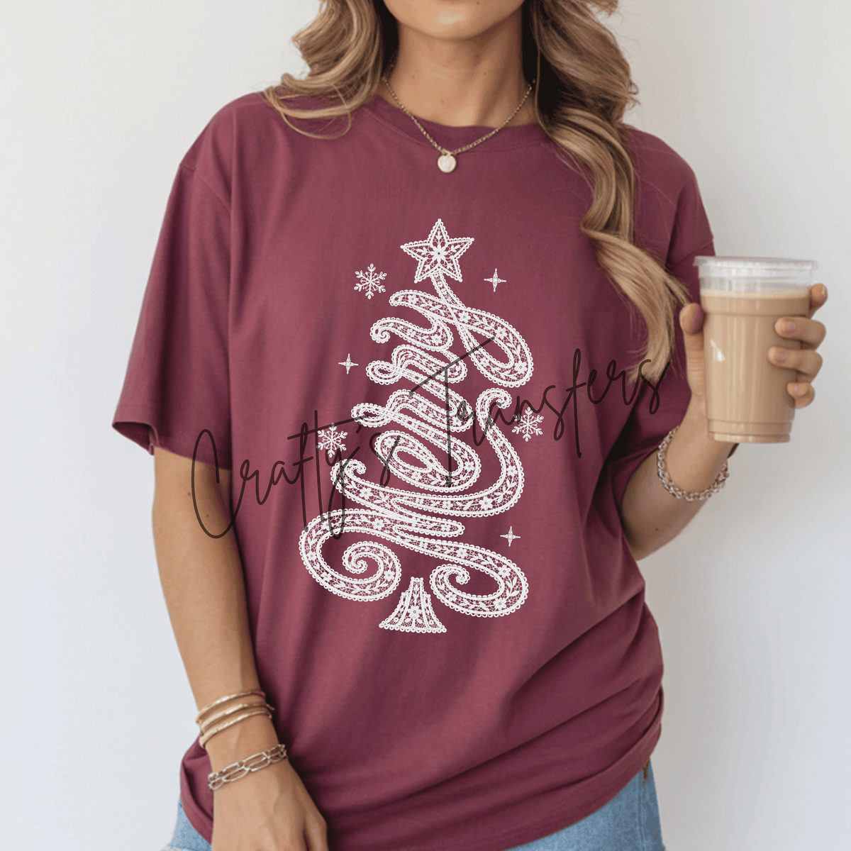 White Lace Christmas Tree DTF Transfer – Elegant Floral Swirl Holiday Graphic