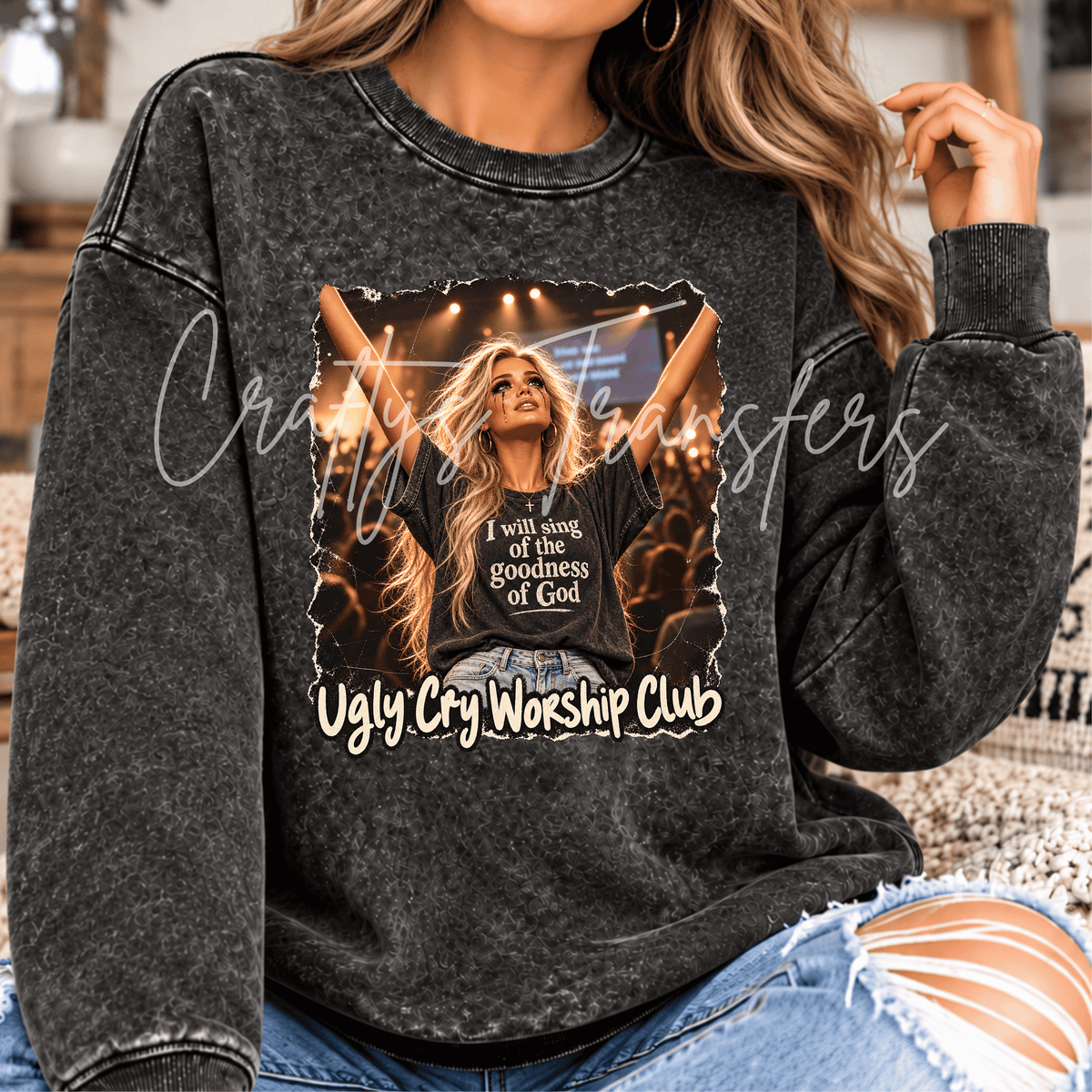 Blonde Christian Worship Girl DTF Transfer – Emotional Praise & Faith Inspired Graphic