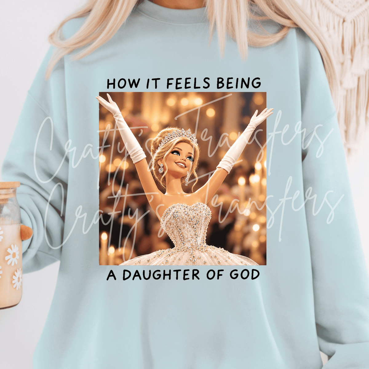 Christian Princess DTF Transfer – Glamorous Faith Girl Tiara & Elegant Gown Graphic