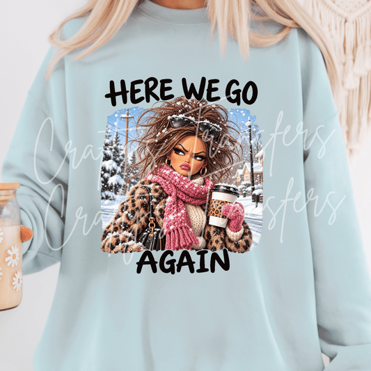 Sassy Brunette Winter Girl DTF Transfer – Pink Scarf Leopard Coat Snow Day Graphic