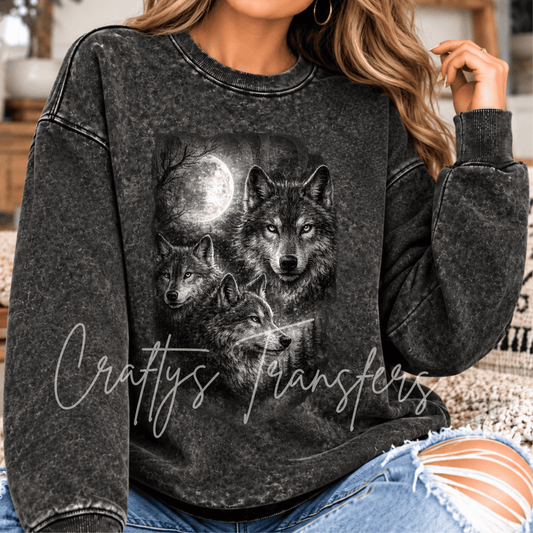 Distressed Wolves DTF Transfer – Black & White Wolf Pack Full Moon Wildlife Graphic