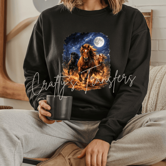 Wild Horses Full Moon DTF Transfer – Running Horses Desert Night Western Graphic