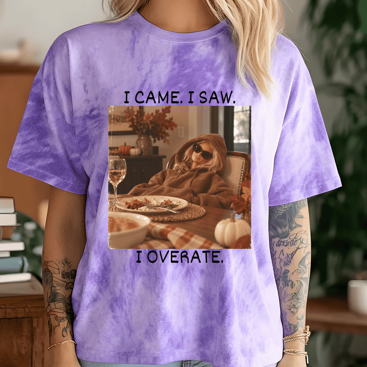 Funny Thanksgiving DTF Transfer – Exhausted Blonde Girl After Dinner Fall Holiday Humor Graphic
