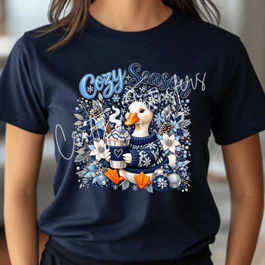 Cozy Season Goose DTF Transfer – Blue Winter Goose with Snowflakes, Bow & Hot Cocoa Graphic