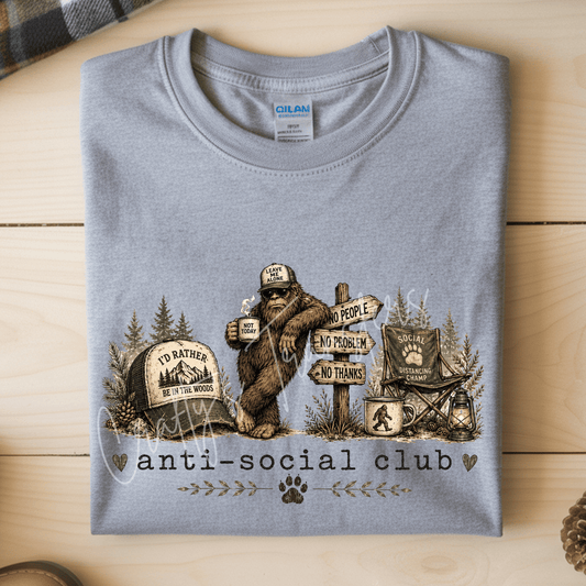 Anti Social Bigfoot DTF Transfer – Funny Sasquatch Camping Woodland Humor Graphic