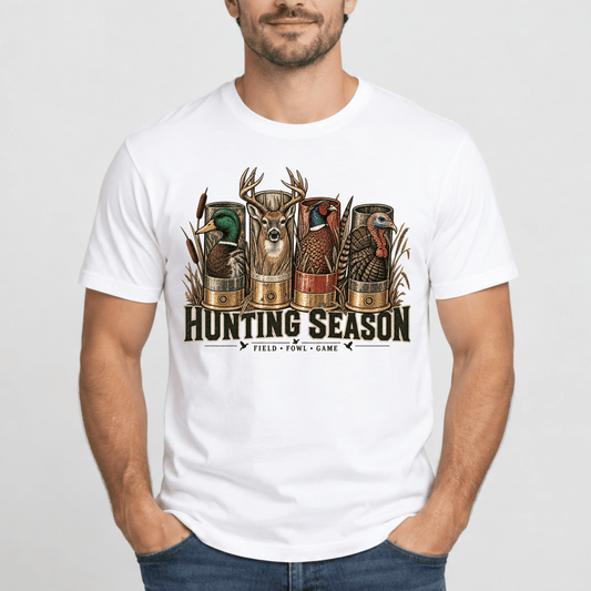 Hunting Season DTF Transfer – Vintage Shotgun Shells Deer Duck Pheasant Turkey Wildlife Graphic