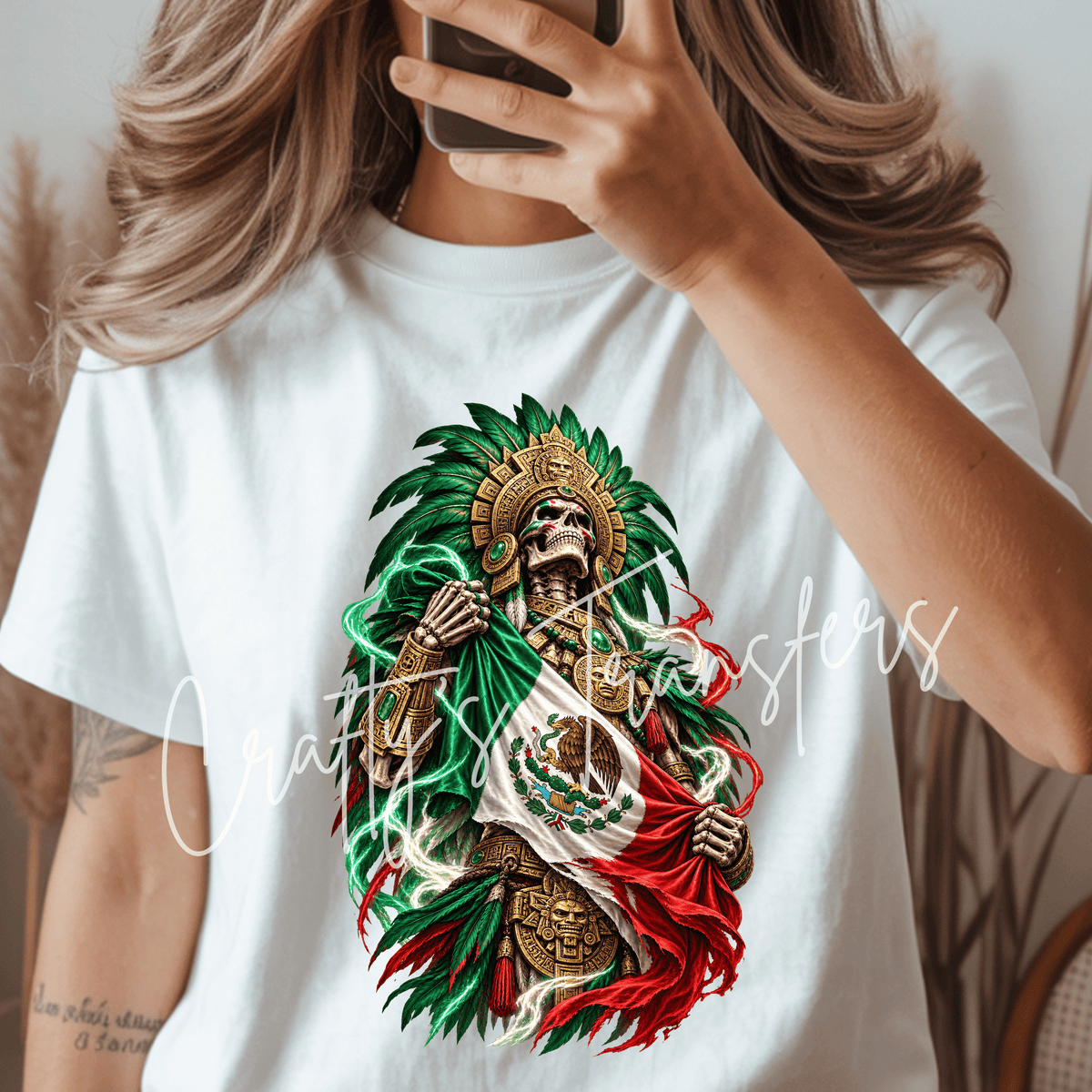 Mexican Warrior Skeleton DTF Transfer – Aztec Inspired Skull with Mexico Flag & Green Feather Headdress