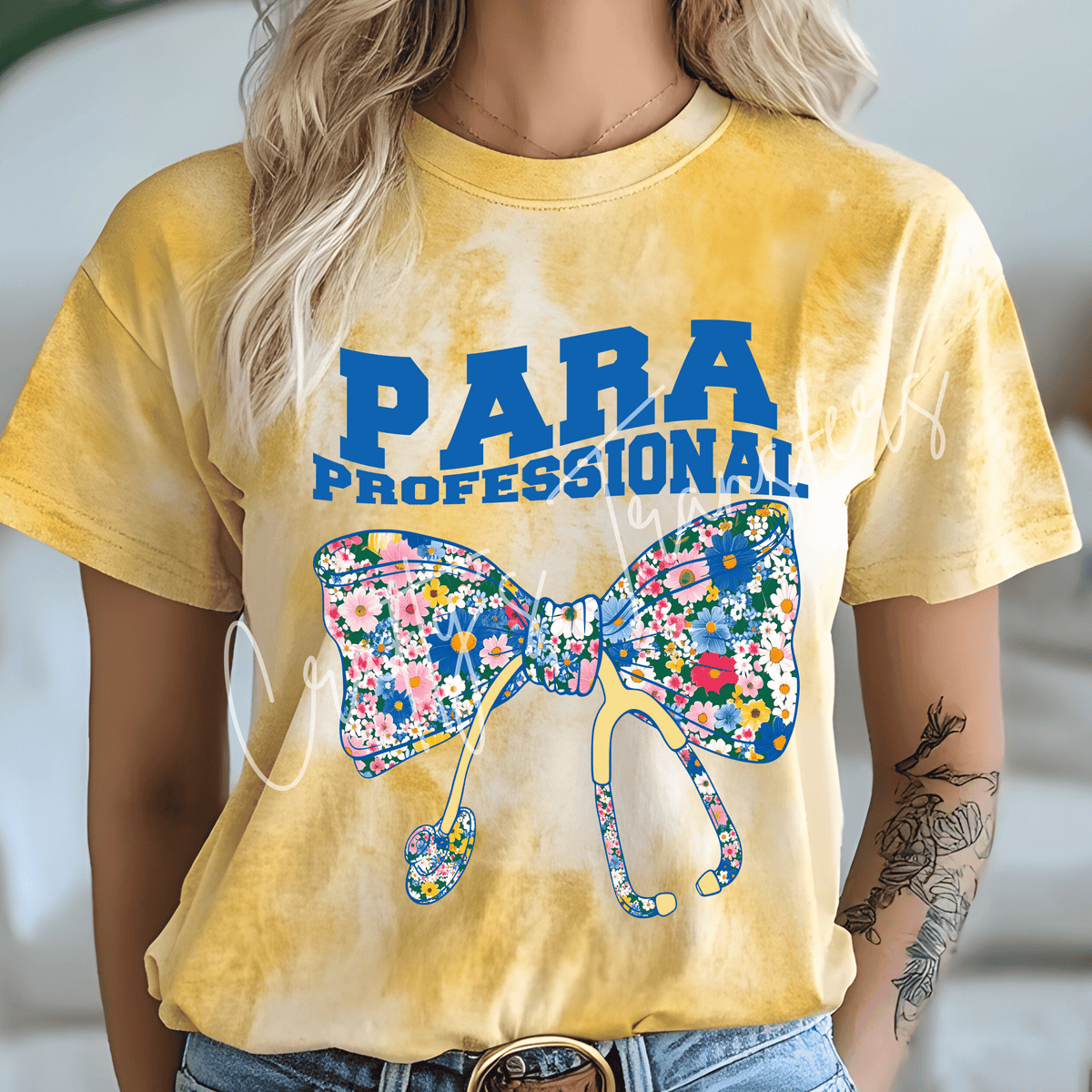 Paraprofessional DTF Transfer – Blue Floral Bow & Stethoscope School Support Staff Graphic