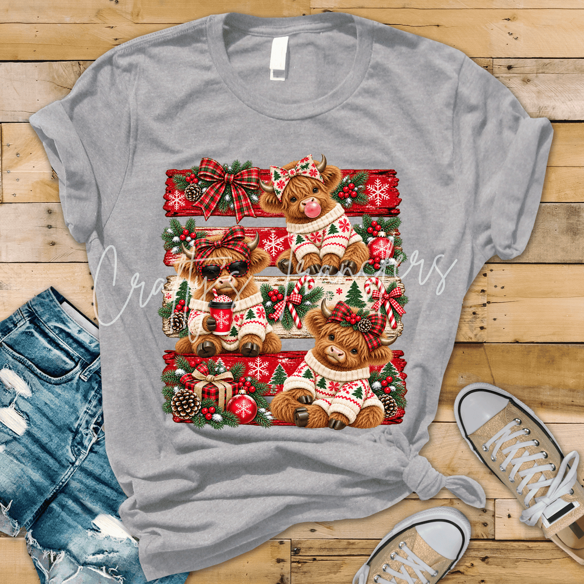 Christmas Highland Cow Trio DTF Transfer – Cute Cows in Holiday Sweaters with Plaid Bows & Rustic Christmas Background