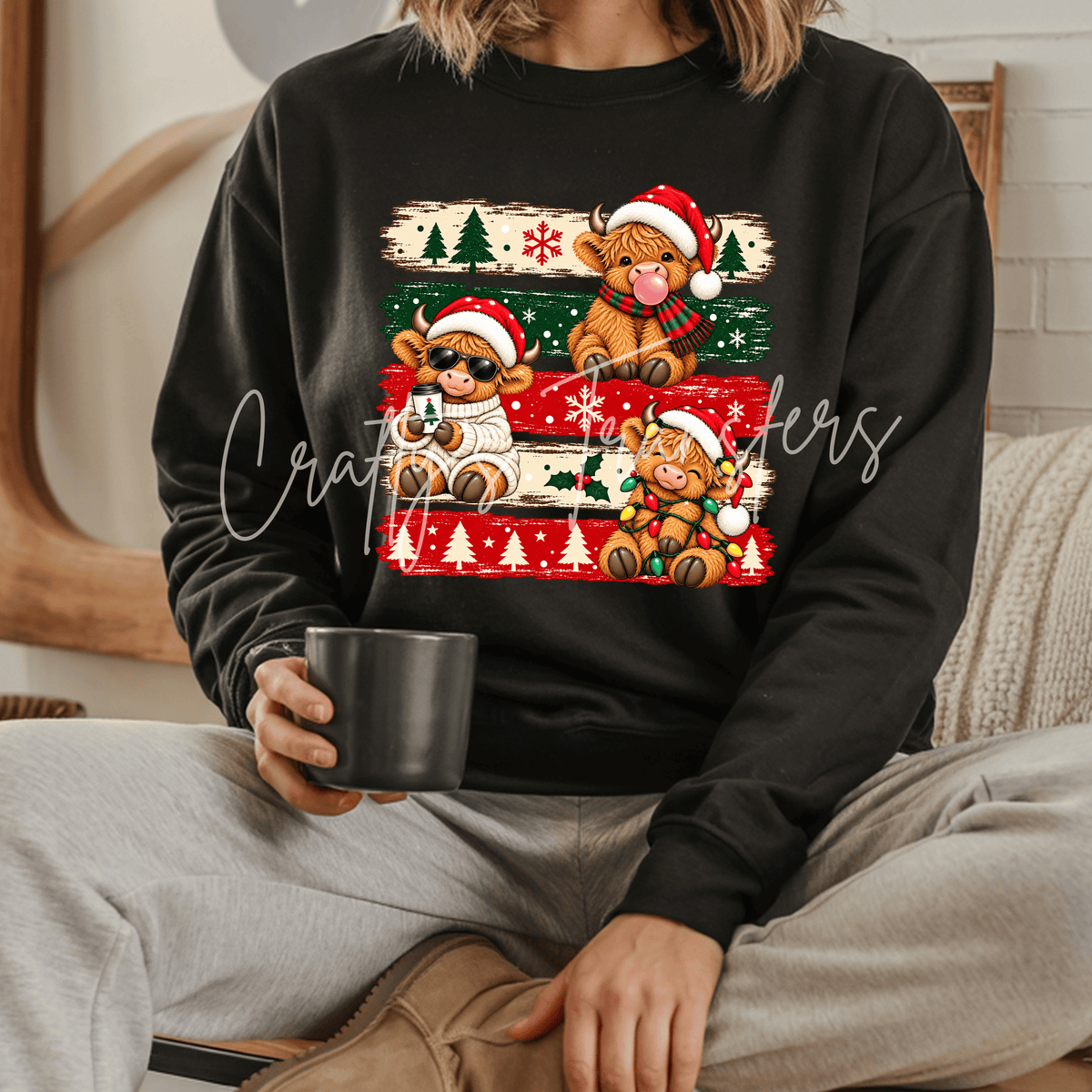 Christmas Highland Cow Trio DTF Transfer – Cute Holiday Cows with Santa Hats, Christmas Lights & Rustic Plaid Design