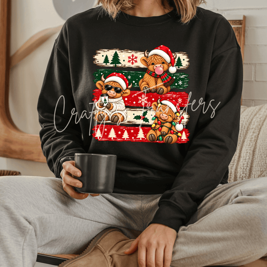 Christmas Highland Cow Trio DTF Transfer – Cute Holiday Cows with Santa Hats, Christmas Lights & Rustic Plaid Design