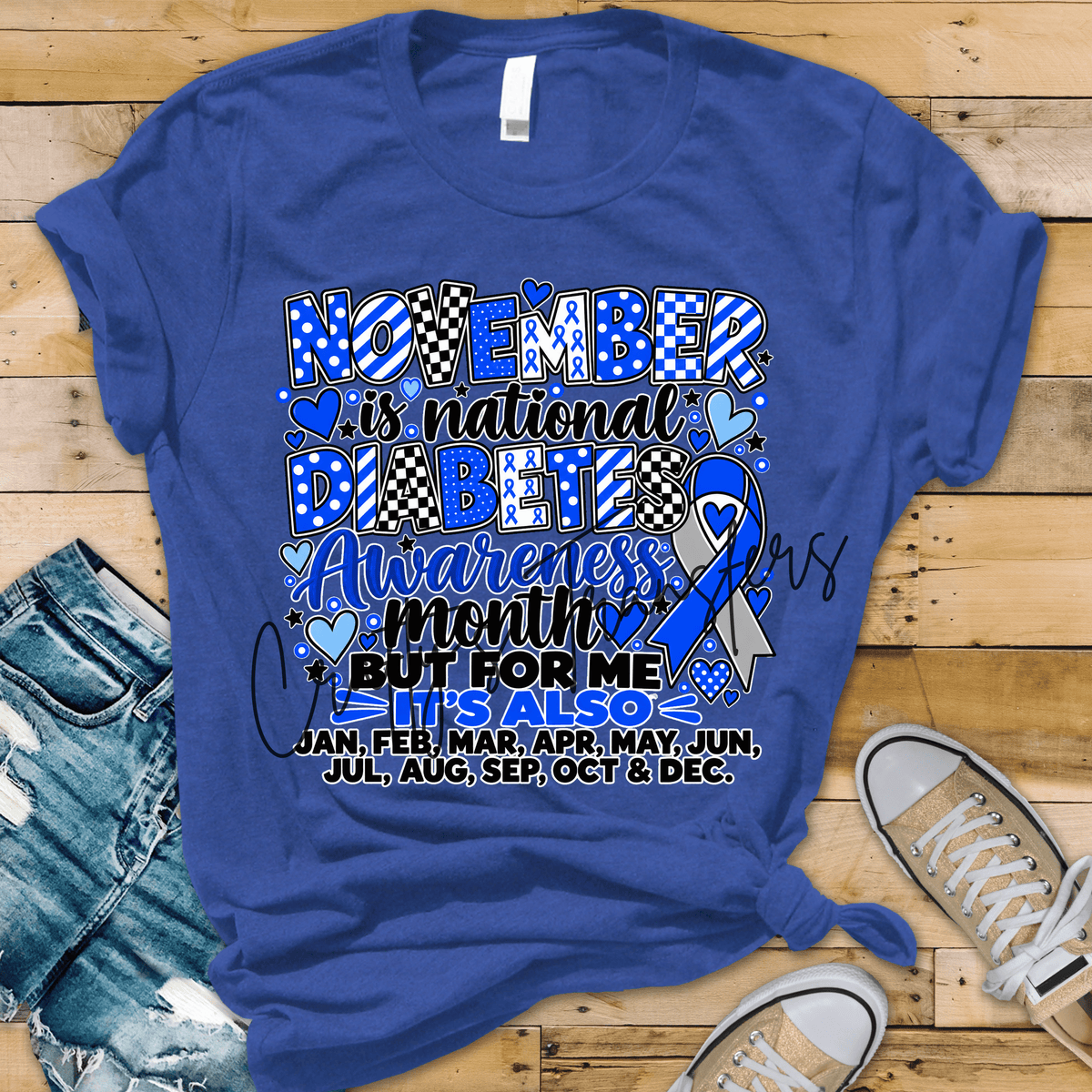 Diabetes Awareness DTF Transfer – November Diabetes Month Blue Ribbon Graphic – Ready to Press DTF
