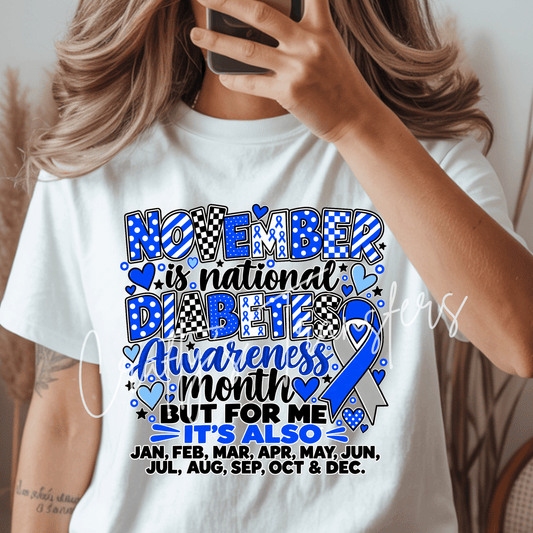 Diabetes Awareness DTF Transfer – November Diabetes Month Blue Ribbon Graphic – Ready to Press DTF