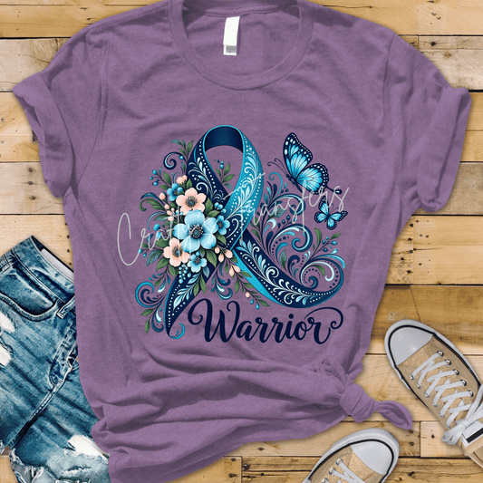 Blue Ribbon Warrior DTF Transfer – Floral Butterfly Awareness Graphic – Ready to Press DTF