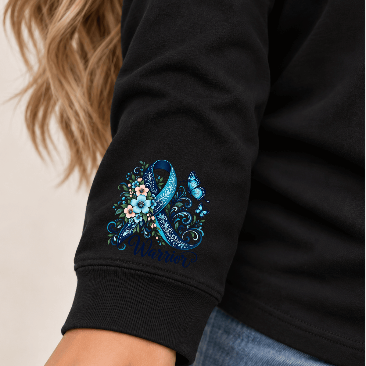 Blue Ribbon Warrior DTF Transfer – Floral Butterfly Awareness Graphic – Ready to Press DTF