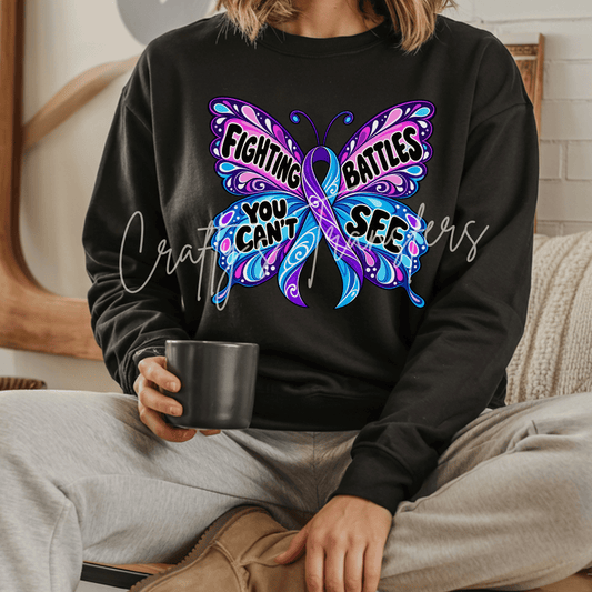 Fighting Battles You Can’t See DTF Transfer – Awareness Butterfly Ribbon Graphic – Ready to Press DTF