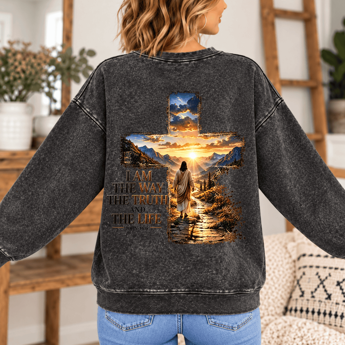 Jesus Cross DTF Transfer – John 14:6 Scripture Mountain Sunset Christian Faith Graphic