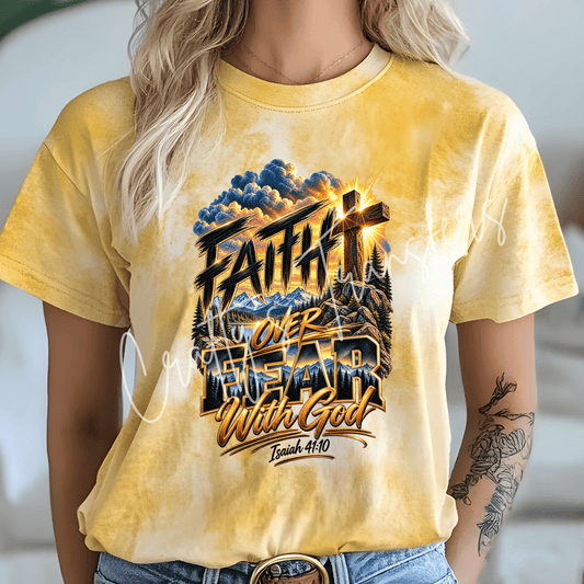 Faith Over Fear DTF Transfer – Isaiah 41:10 Christian Cross Mountain Sunset Graphic
