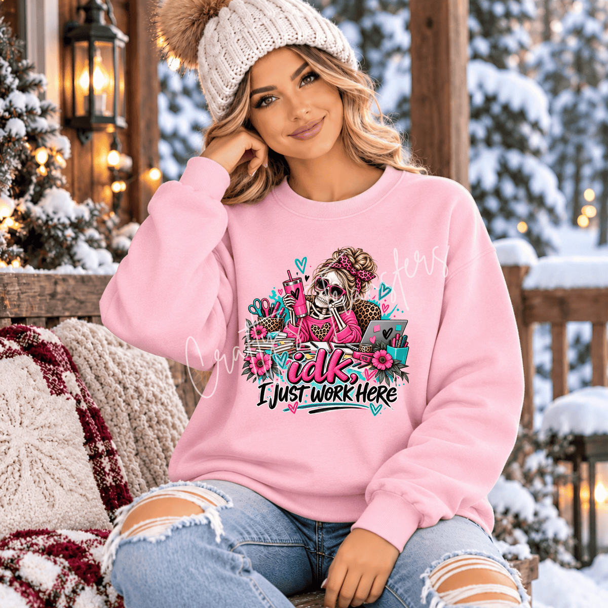 IDK I Just Work Here DTF Transfer – Funny Office Skeleton Girl Graphic – Ready to Press DTF