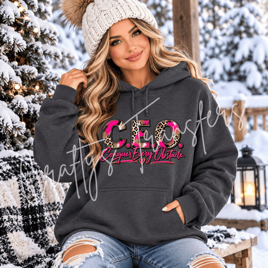 CEO Conquer Every Obstacle DTF Transfer – Pink Leopard Motivational Graphic – Ready to Press DTF